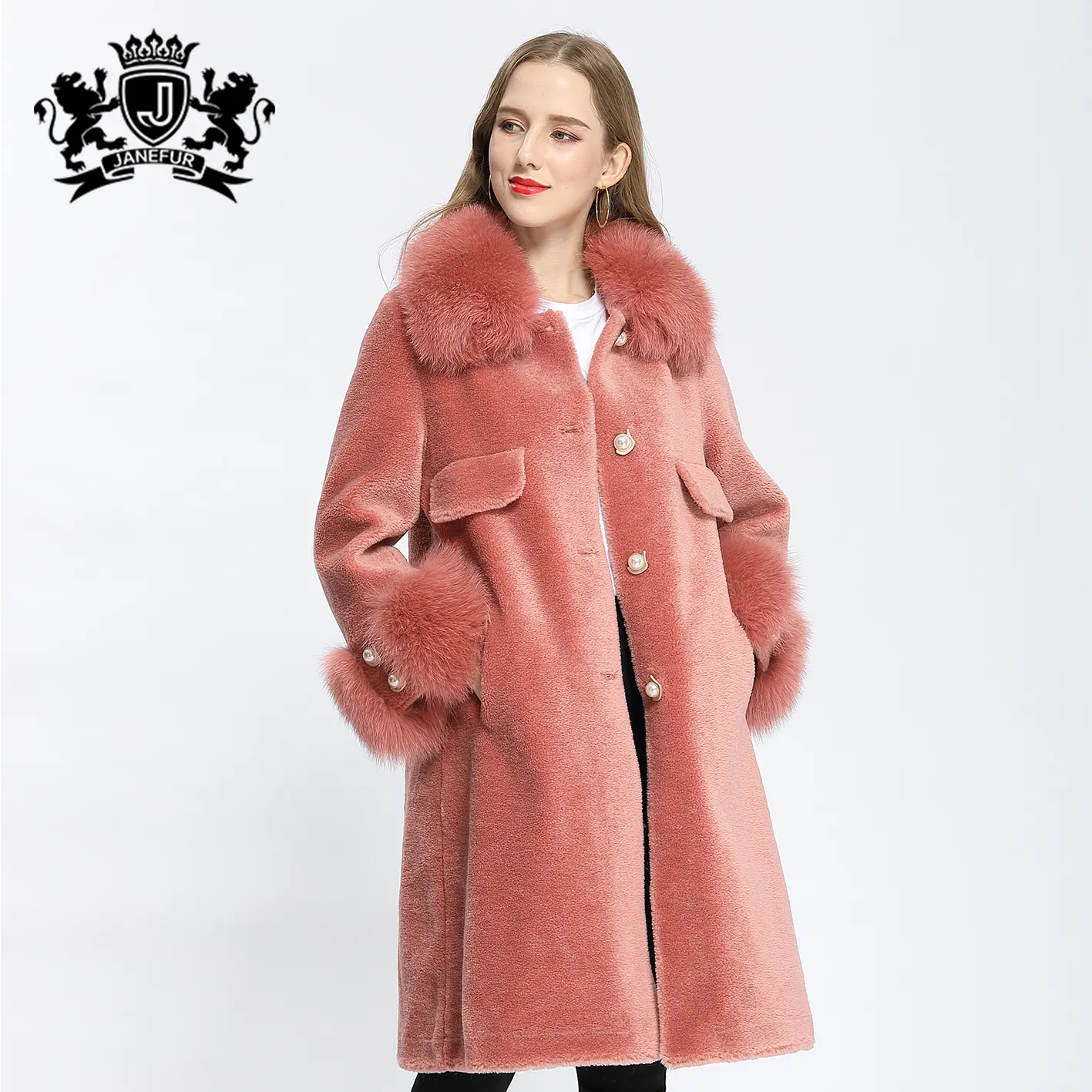 Janefur kadınlar koyun derisi ceket uzun stil zarif gerçek tilki kürk yaka manşet tatlı kız kürk ceket