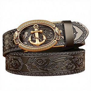 Cinturón Casual de Cuero Vacuno para Hombre con Hebilla Automática de Aleación y Patrón de Ancla, 3.8cm de Ancho, Estilo Occidental - Product Image 3