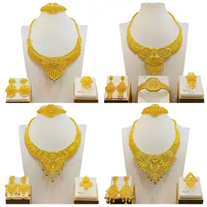 24K Vergulde Luxe Gouden Sieraden Set Ketting Ring Armband Oorbellen Sieraden Sets Voor Vrouwen Indian