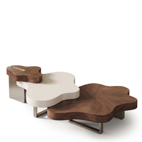 Ensemble de tables basses en bois assorti à la veine du bois, forme nuage irrégulière, base en métal doré, design emboîtable, intérieur moderne