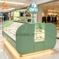 Vitrine d'exposition incurvée pour lunettes de soleil, présentoir personnalisé pour lunettes avec éclairage LED, kiosque de vente brillant pour centre commercial