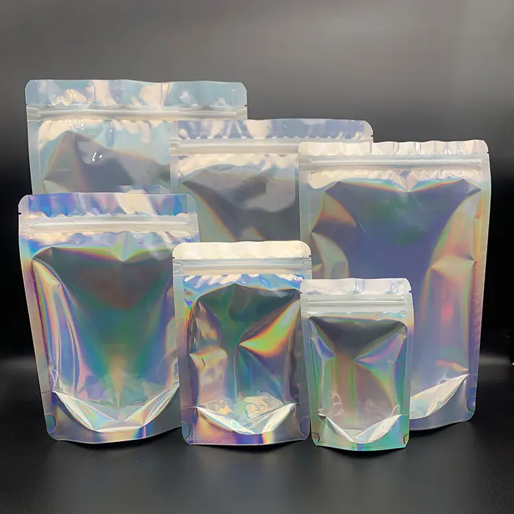 High Quality Holographic Zip Lock Mylar One Side Transparent Reusable Stand Up Pouches For Clothing Underwear Packaging