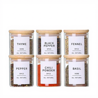 Set Stoples Kaca 6 Buah dengan Label, Tutup Bambu 6 oz, Stoples Penyimpanan, Botol Rempah Borosilikat Impor