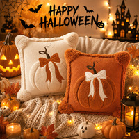 Coussin décoratif 3D en peluche Citrouille avec nœud, housse de coussin moelleuse et duveteuse pour l'automne, Thanksgiving, Halloween, canapé, décoration intérieure