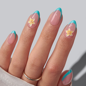 BTArtbox Uñas Postizas Cortas Almendradas al por Mayor, de Gel Suave, Diseño Floral 3D de Verano, Punta Francesa Azul, Uñas Premium a Presión, a Granel - Product Image 1