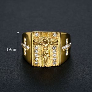 yunnique Men's Gold Plated <b>Titanium</b> Steel Cross <b>Ring</b> With Diamond Pave Setting Hip Hop Jewelry Gift - Product Image 3