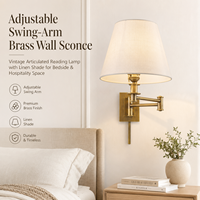 Applique murale YH en laiton antique avec abat-jour en tissu de lin, câblée, réglable et articulée, pour chambre à coucher et chevet