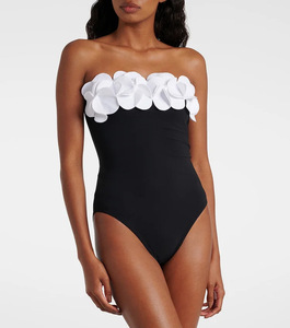 2026 Women 2 Piece <b>Swimsuit</b> Set <b>Strapless</b> Bandeau Monokini With 3D Flower and Side Slit Long Cover Up Skirt Wholesale Beachwear - Product Image 4