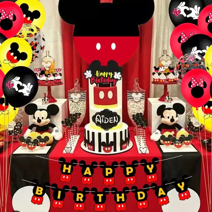 Mouse Birthday Party Decoration Supplies Mickey Minnie Happy Birthday Banner Pull Flag Cake Topper Star Foil Balloons For Girl