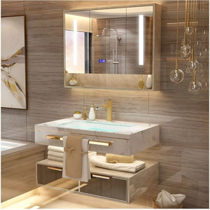 Mueble de Baño Europeo de Lujo con Doble Lavabo, Diseño Moderno de Placa de Roca, Mármol, Manijas de Acero Inoxidable, 2 Estantes - Product Image 2