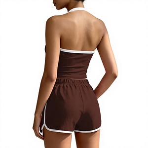 Women Brown Halter Sleeveless Knitted Casual Sports Crop Top Shorts Set Striped Breathable Spring Summer Wear - Product Image 2