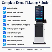 Kiosque d'impression de billets pour festivals de musique avec solution tout-en-un : lecteur de codes QR, lecteur de cartes, accepteur de billets et impression de reçus