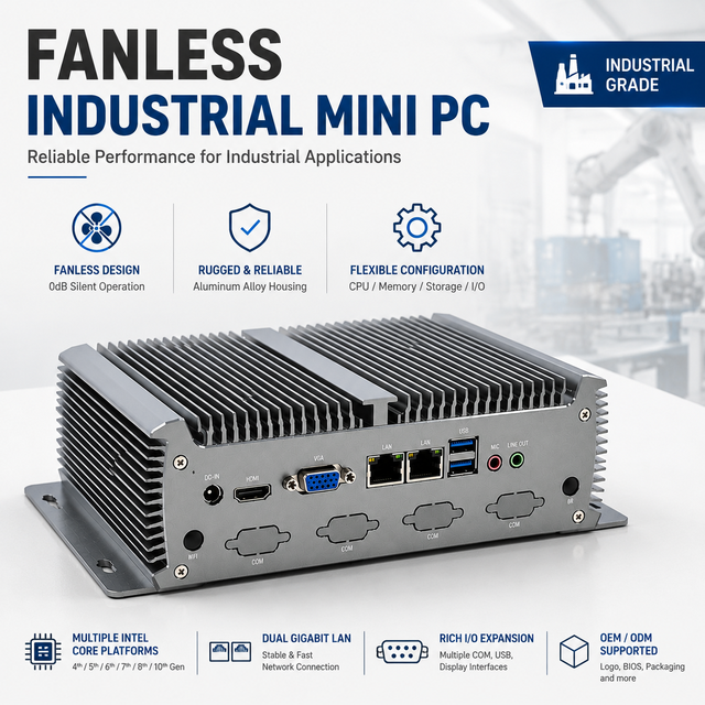 EVUC Fanless Industrial Embedded Mini PC Box Intel Core I3 I5 I7 2 LAN 6 COM RS232/485 for VGA 4G 5G SIM Win10/Linux Stock