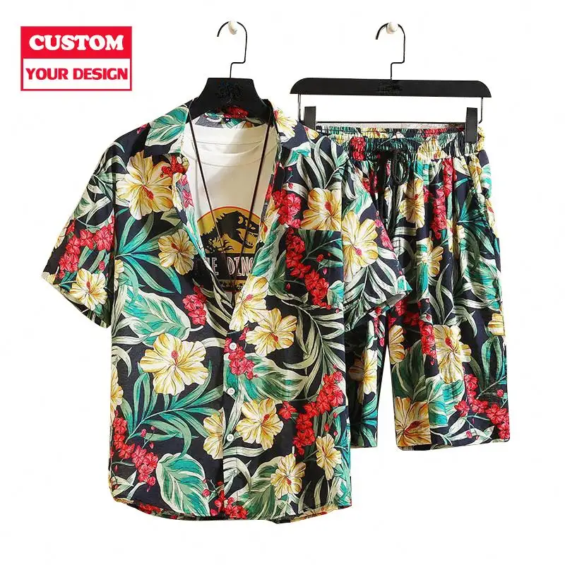 العرف تصميم التسامي طباعة سريعة الجافة الحرير البوليستر رايون قميص هاواي صيفي زر أسفل قصيرة الأكمام رجل الشاطئ ارتداء قميص