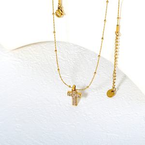 Collar Personalizable con Colgante de Cruz de Acero Inoxidable Chapado en Oro de 18K, Cadena de Eslabones Geométrica con Circonitas, Resistente al Agua, para Mujer - Product Image 3