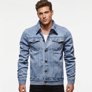 Veste en jean slim pour homme, col rabattu classique, décontractée, en coton bleu délavé, respirante, à bouton unique, style automne, coupe régulière - Product Image 1