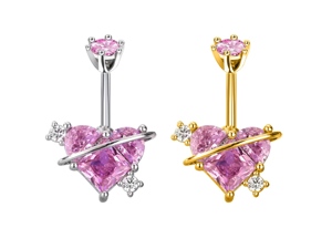 Nhẫn rốn nữ bằng thép không gỉ mạ zircon đôi hình trái tim, trang sức xỏ rốn thời trang - Product Image 4