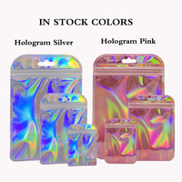 Petites pochettes zippées en mylar holographique transparentes arc-en-ciel avec dos argenté