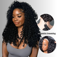 Perruque mi-longue bouclée sans colle 4C Afro Kinky Curly Burmese Curly avec extrémités à boucles au doigt, cordon élastique et conception sans couture à enrouler