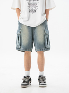 Pantalons décontractés d'été pour hommes, shorts en jean pour outillage lavé à l'ancienne, grande broderie de poche stéréoscopique, lavage léger sur le côté - Product Image 3