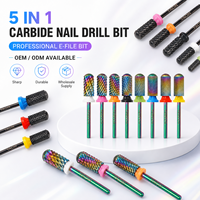 Série complète de forets à ongles en carbure de tungstène 5 en 1 en acier inoxydable pour équipement de nail art et vernis gel
