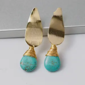 LS-D1193 Teardrop Shape 925 Sterling Silver Mạ Vàng Stud Howlite Đá Với Dây Đồng Capped Tự Nhiên Turquoises Bông Tai