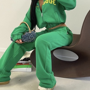 Sudadera con Capucha Corta de Felpa Francesa con Cierre, Estilo Desgastado, Fabricante de Conjuntos Deportivos con Lavado Ácido, Parches Aplicados y Bordados, Chándal para Mujer - Product Image 5