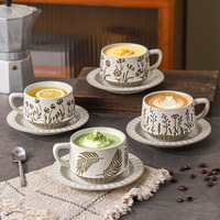 Cangkir Kopi dan Piring Porselen Gaya Jepang dengan Seni Latte Kreatif, Cangkir Sarapan untuk Penggunaan di Rumah, untuk Teh Susu dan Air