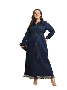 Robe longue élégante en jean boutonnée unie pour femme grande taille, collection automne-hiver, style décontracté, idéale pour le dropshipping - Product Image 4