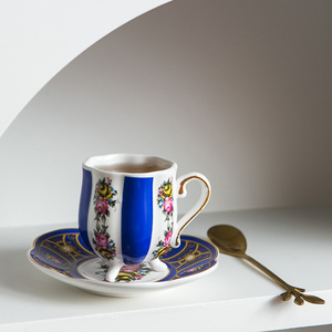 أكواب صحون بورسلين عربية كلاسيكية كلاسيكية عتيقة زرقاء فاخرة ذهبية بحف مزخرفة أطقم فناجين قهوة تركية للقهوة والشاي - Product Image 5