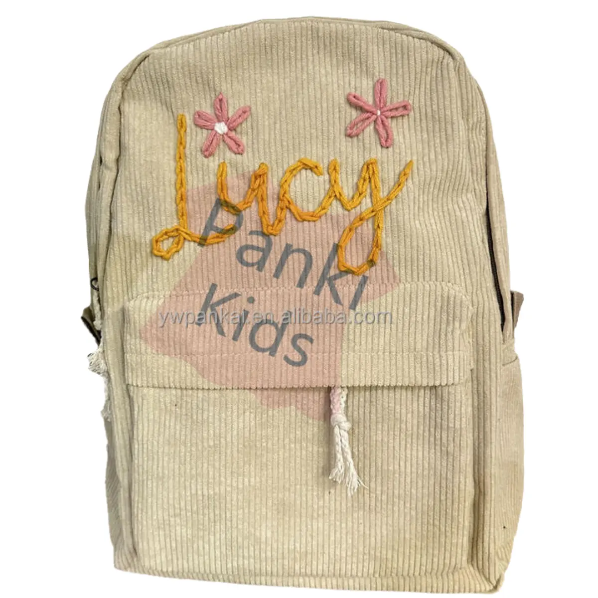 Custom Personalized Handmade Embroidered Kids Travel Corduroy Classic School bag Backpack For Teenager