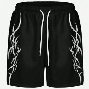 ผู้ผลิตเสื้อผ้า ชุดเซ็ตวินเทจพิมพ์ลายเปลวไฟ ชุดฮู้ดดี้ผู้ชาย กางเกงขาสั้นออกกำลังกาย 2 ชิ้น ทรงหลวม สวมใส่สบาย - Product Image 4