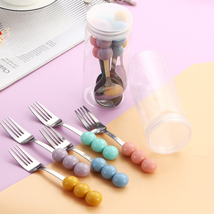 Juego de cuchara y tenedor de tres piezas en colores macaron, de acero inoxidable, portátil, para pastel y fruta, con tubo de almacenamiento. - Product Image 2