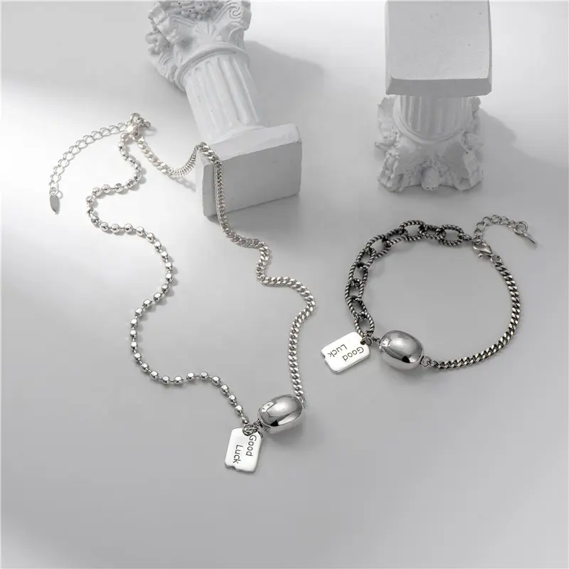 S925 sterling silver Korean fashion simple light bead marcasite necklace bracelet personality English brand jewelry set.
