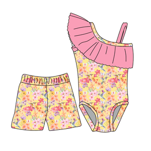 Flower Summer Style Swimsuit Sleeveless Sleeved Round Neck Cartoon Printed <strong>Shorts</strong> Beach Swimwear For Toddler - Product Image 1