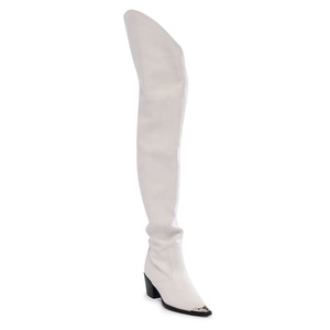 Bottes longues pour femmes, style western, en PU, à talon de 8 cm, bout pointu en métal, hauteur au-dessus du genou, avec empeigne en V, styles personnalisés, pour l'hiver - Product Image 5