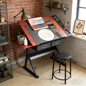 Tavolo da Disegno Moderno con Piano in Legno e Base in Ferro, Inclinabile e Regolabile Manualmente in Altezza, con Due Cassetti - Product Image 1