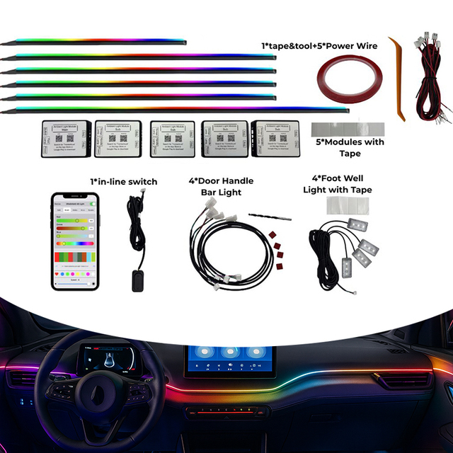 Universal 22-in-1 Car Interior Ambient Light 64 Colors Dynamic Symphony LED Atmosphere Lighting Kit with Wireless App Control