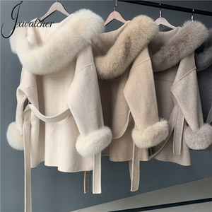 Custom Fuzzy Fur <strong>Hood</strong> Double Faced Woolen <strong>Coat</strong> Belt Soft Winter Fluffy Big Real Fox Fur Collar Cuffs Luxury <strong>Wool</strong> <strong>Coat</strong> for Women - Product Image 1