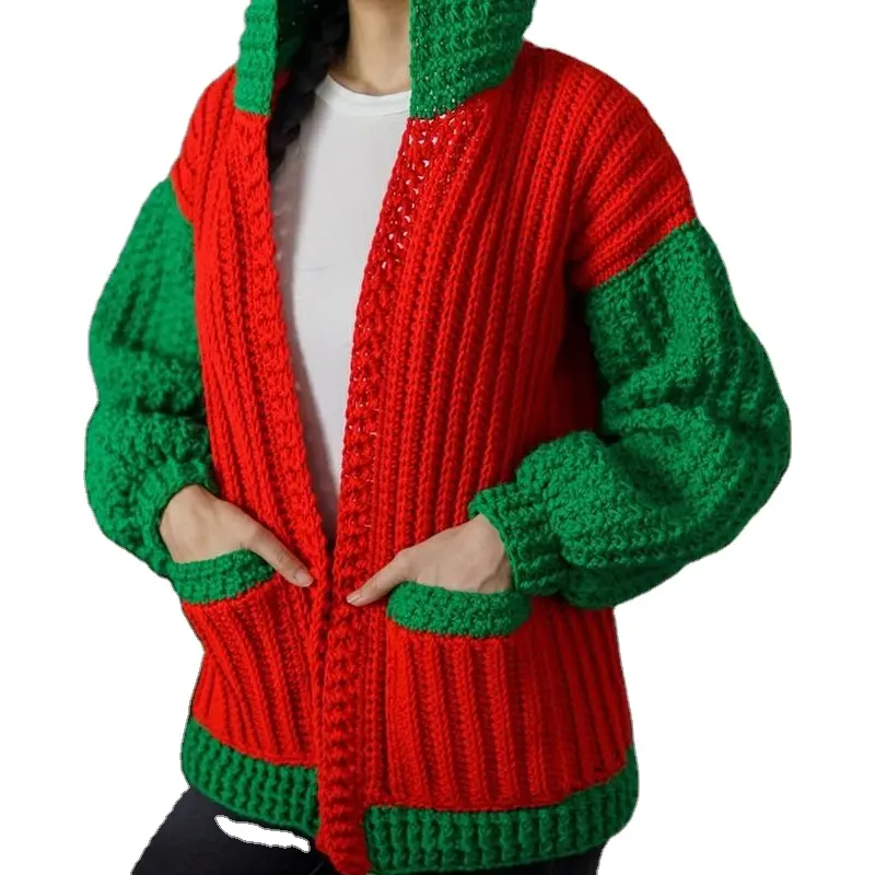 Factory Direct Sales Christmas Handmade Sweater Coat Cotton Cardigan Red And Green Heavy Hand Knitted Christmas Sweater