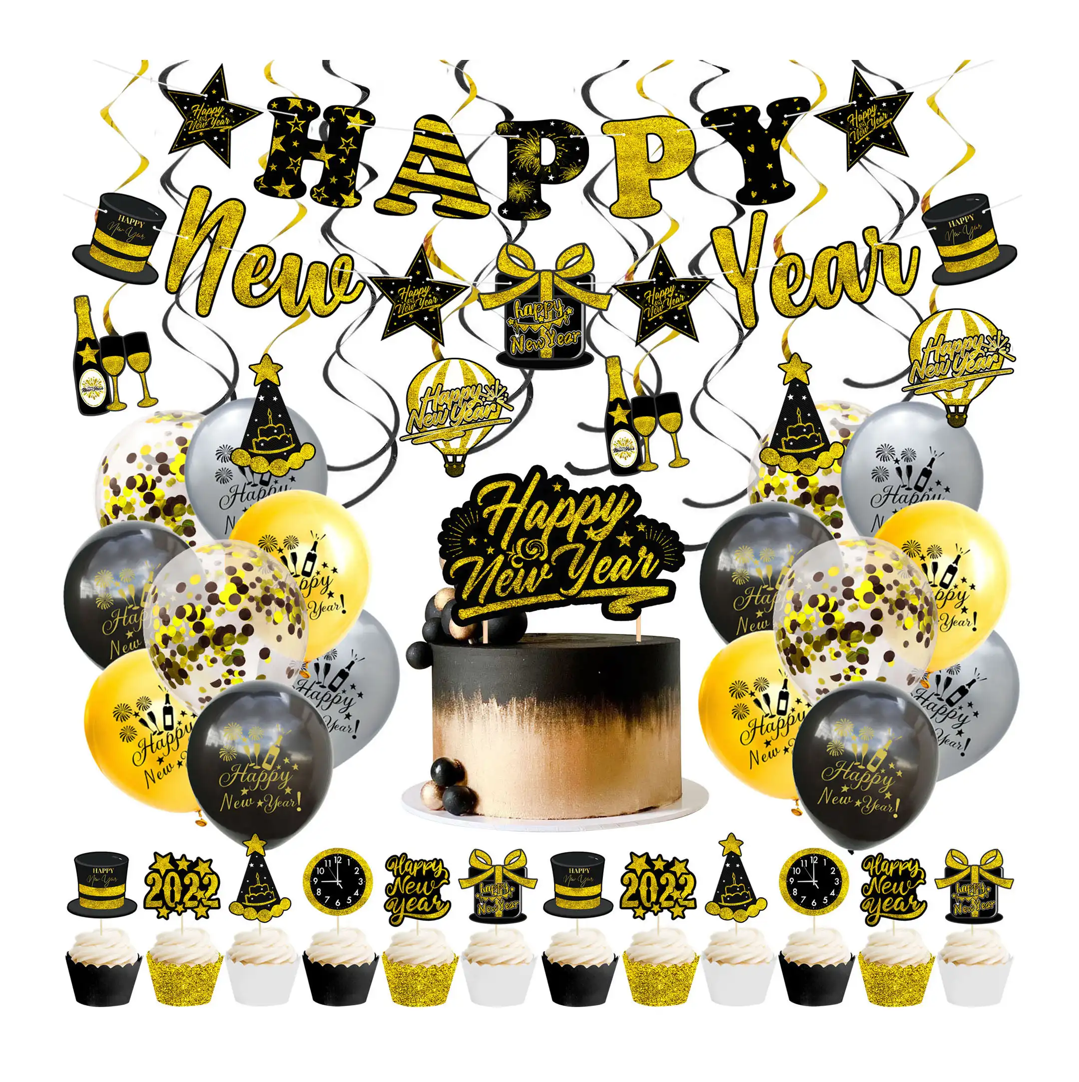 Nicro Gold Black 2022 New year foil balloon set cake decor supplies set kids cake topper happy new year banner balloon