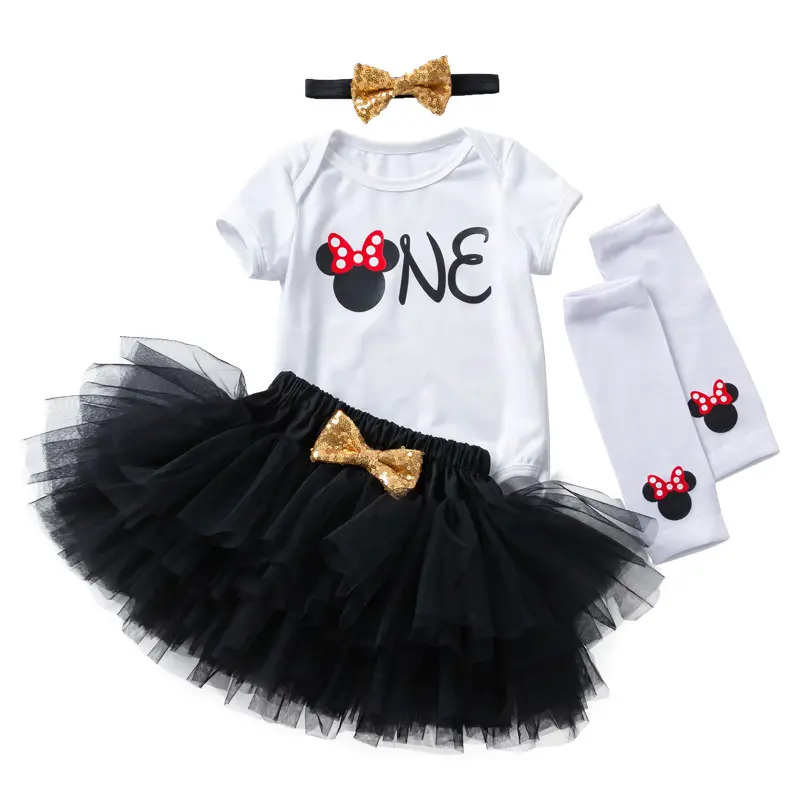 Hot Sale Baru Lahir Bayi Perempuan 1 Tahun Ulang Tahun Bayi Baju Monyet + Tutu Rok + Kaos Kaki + Headband 4Pcs Pakaian Set