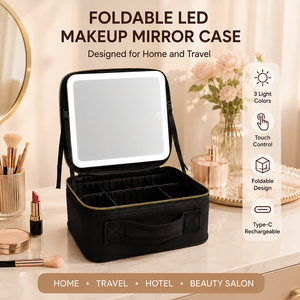 Sac <span class=keywords><strong>de</strong></span> maquillage <span class=keywords><strong>de</strong></span> voyage portable en cuir PU imperméable avec <span class=keywords><strong>miroir</strong></span> grossissant LED, pliable, grande capacité, organiseur <span class=keywords><strong>de</strong></span> cosmétiques, étui à fermeture éclair - Product Image 1