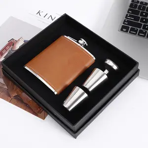 Kustom 6oz 7oz 8oz logam besi tahan karat wiski pinggul Flask saku kulit dibungkus wiski pinggul Flask Hadiah Set dengan corong dan cangkir