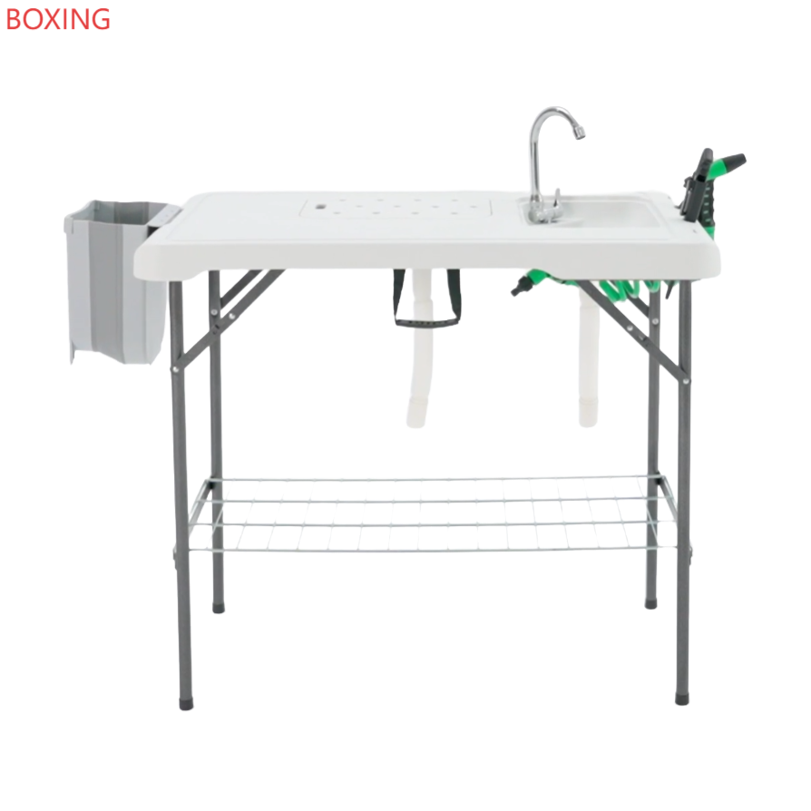 Factory Wholesale Outdoor Camping Foldable Fish Cleaning Tables with 2 Sinks, Folding Faucet, Sprayer, Knife, Bin, Steel Net