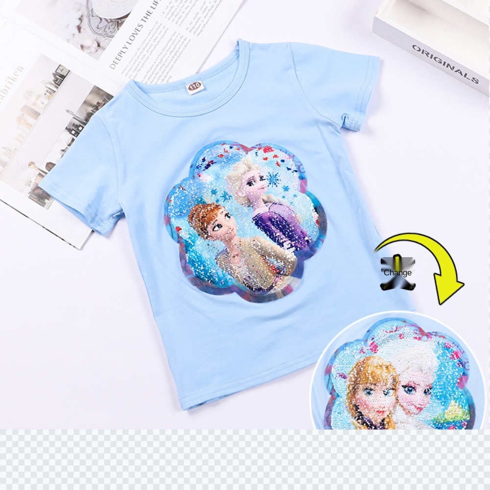 KD-056 летний Лидер продаж двойной уход за кожей лица блестками изменения принтом «Принцесса», футболка с короткими рукавами и принтом; Футболки для малышей; Короткое модное платье для новорожденных девочек ткань