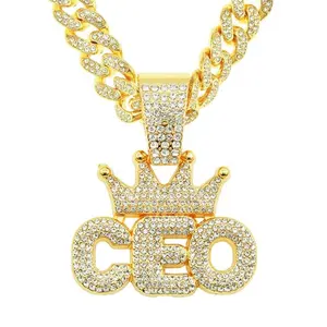 Hip hop 13MM ghiacciato grande catena cubana con lega e bling strass corona lettere CEO collana pendente