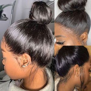 Nuova tendenza lunga dritta con filo trasparente invisibile 360 pizzo materiale svizzero Pre pizzicato capelli umani grezzi parrucca senza colla - Product Image 3