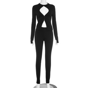 Viviblook D25ST363 New Ladies Outfits <span class=keywords><strong>2</strong></span> Pieces Set Outono <span class=keywords><strong>Hook</strong></span> e <span class=keywords><strong>Loop</strong></span> Top Zipper Calças Sexy Apertado <span class=keywords><strong>2</strong></span> Peça Set para As Mulheres - Product Image 4