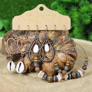 Boucles d'oreilles pendantes bohèmes en alliage plaqué bronze antique pour femmes, ensemble de boucles d'oreilles géométriques perlées - Product Image 1